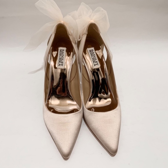 Badgley Mischka Kinsley Tulle Bow Detail Pumps Nude Stiletto Heel Evening Shoes - Picture 8 of 12